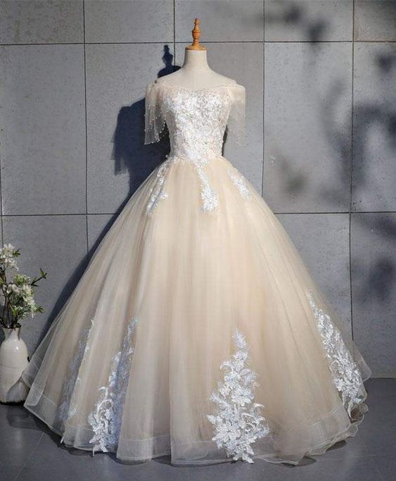 Champagne tulle lace long prom dress, champagne tulle evening dress - FashionDia