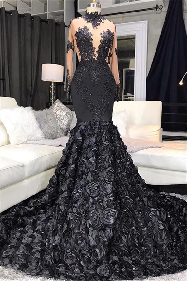 Unique Lace Appliques Flowers High-Neck Prom Dresses Sheer Tulle Fit And Flare Evening Gowns - FashionDia