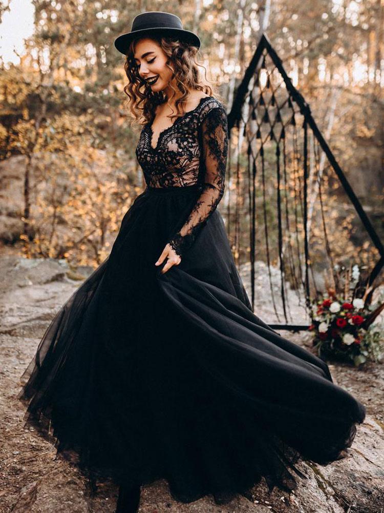 Black Long Sleeves Lace Evening Dress Tulle Party Dress - FashionDia