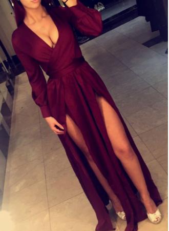 Dark Red Slit Long Sleeves Evening Dress, Pretty Formal Dress - FashionDia