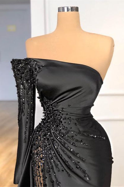 Glamorous Black Long Sleeve One-Shoulder Prom Dress Beadings Evening Dress - FashionDia
