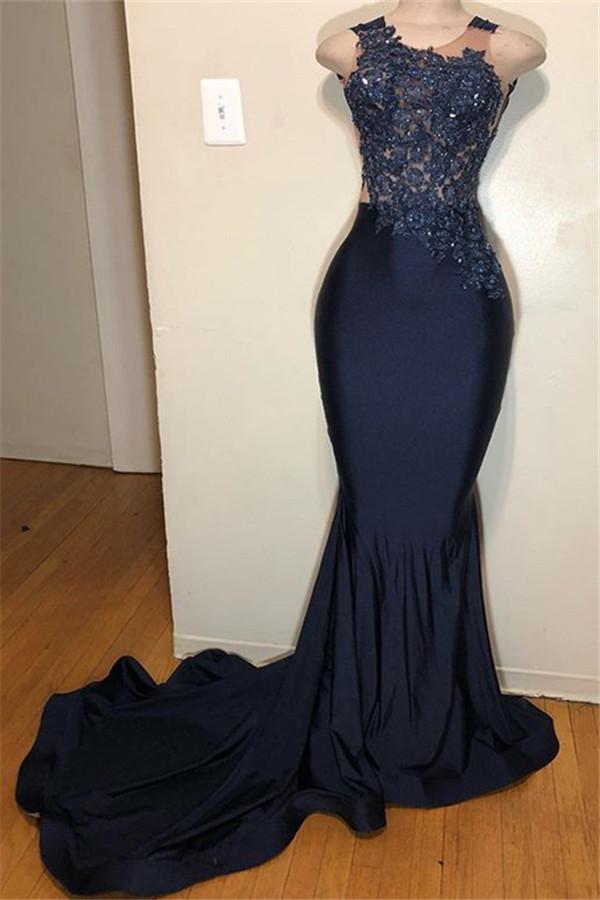 Dark Blue Straps Sleeveless Applique Mermaid Formal Prom Dresses - FashionDia