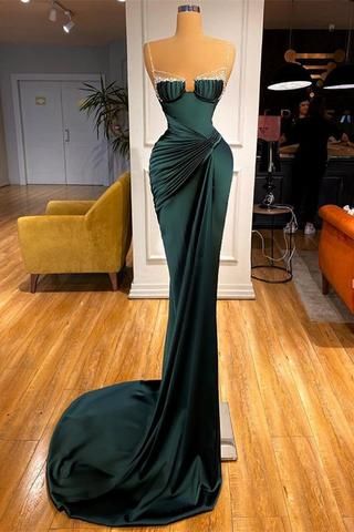 Gorgeous Dark Green Spaghetti-Straps Mermaid Prom Dress With Beadings - FashionDia