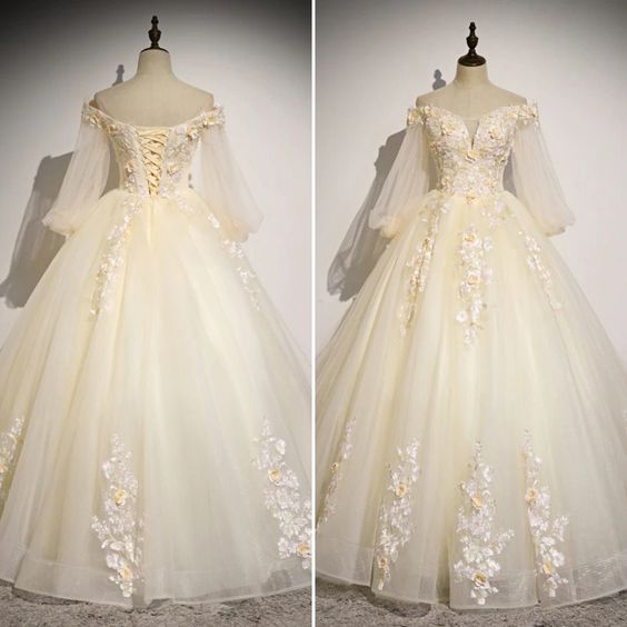 Beautiful Tulle Long Sleeves Floral Sweet 16 Gown, Party Gowns Prom Dress - View 2 | FashionDia