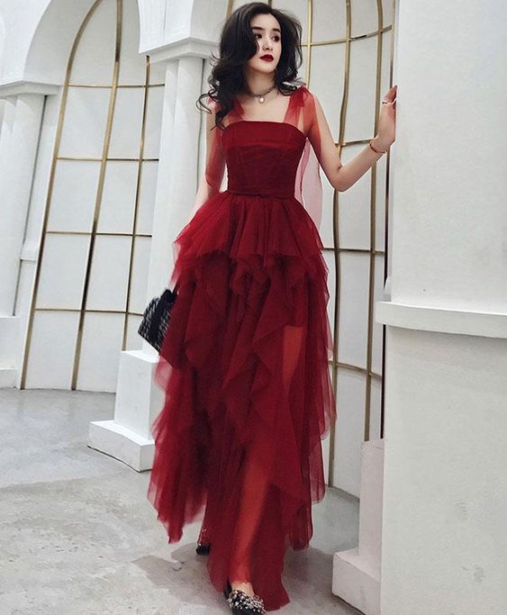 Burgundy Sweetheart Tulle Long Prom Dress, Burgundy Evening Dress - FashionDia