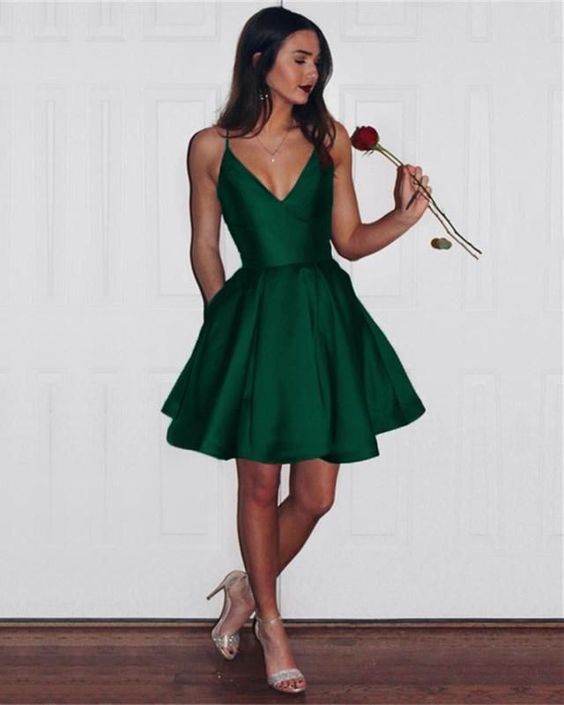 A-Line Spaghetti Straps Short Dark Red /Dark Green /Navy Blue Satin Homecoming Dress with Pockets C89