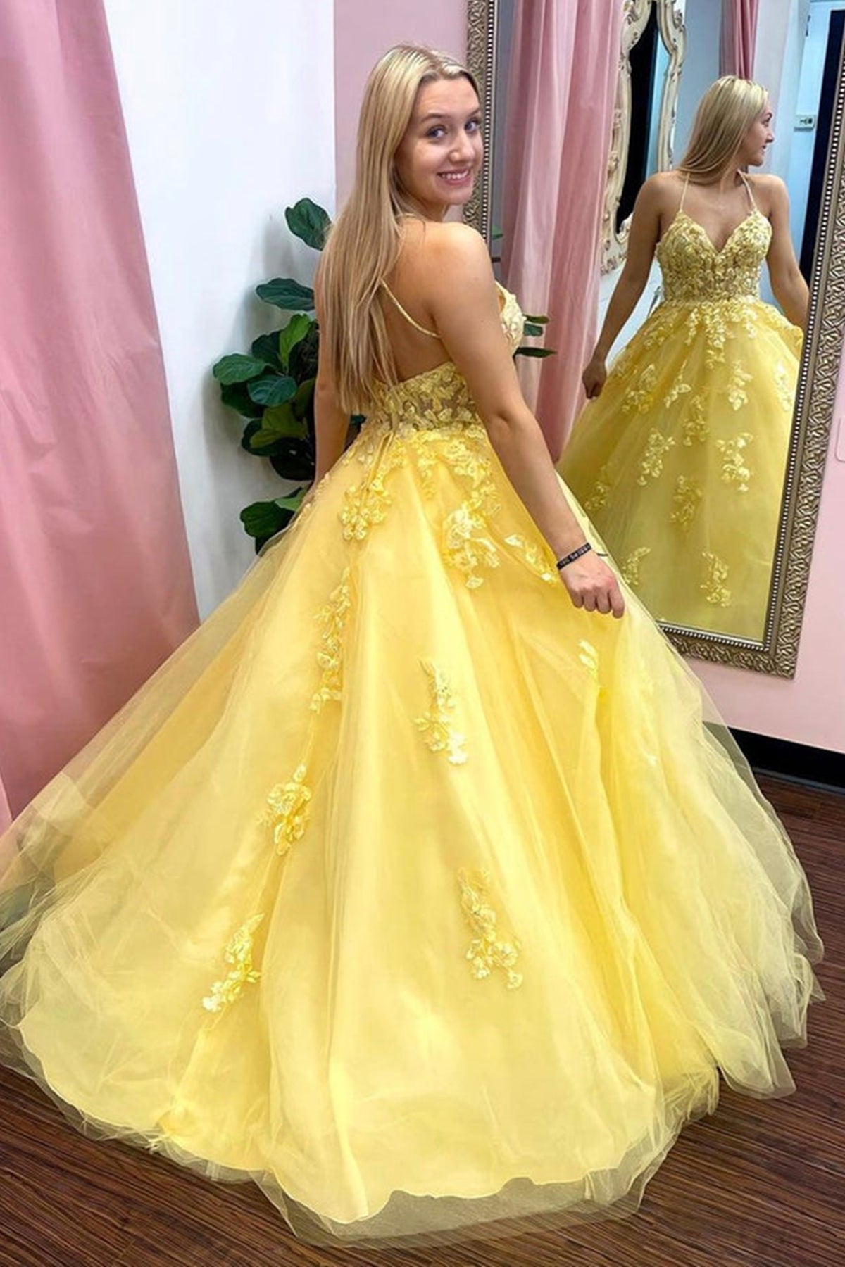 V-Neck Open Back Yellow Tulle Lace Long Prom Dresses, Yellow Lace Formal Dresses, Yellow Evening Dresses - FashionDia