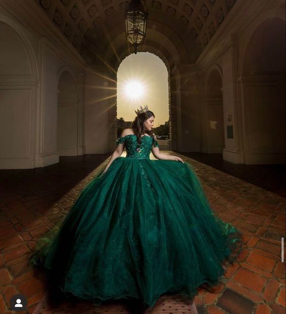 Off-the-Shoulder Green Prom Dress Sweet 16 Dress Ball Gown - FashionDia