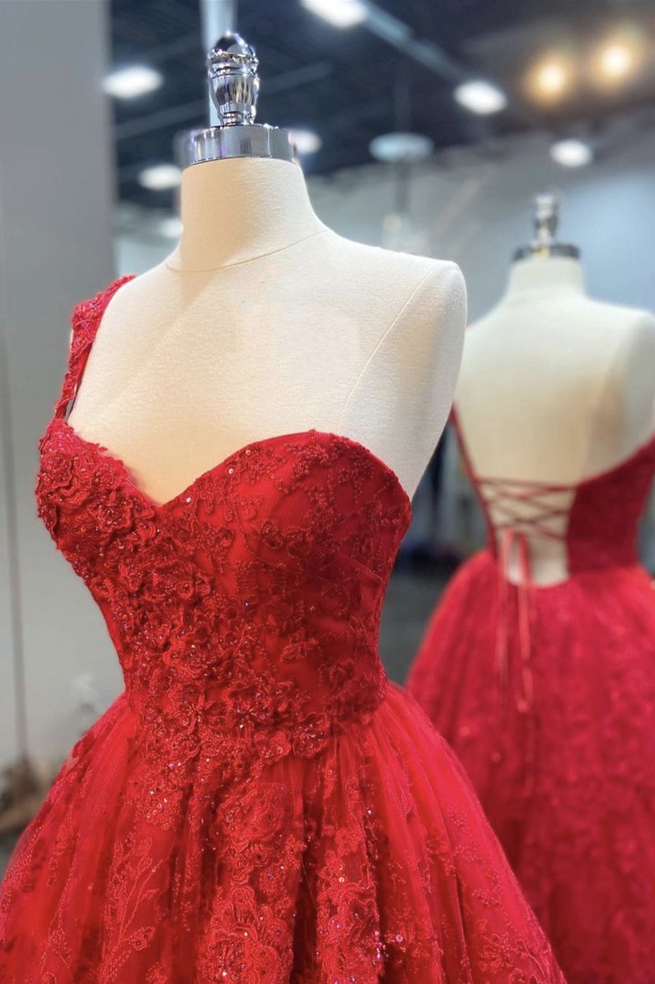 Red tulle lace long prom dress red evening dress - FashionDia