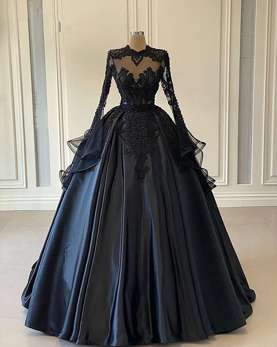 Ball Gown Black Long Sleeves Lace Prom Dresses,Beading Formal Evening Dresses - FashionDia