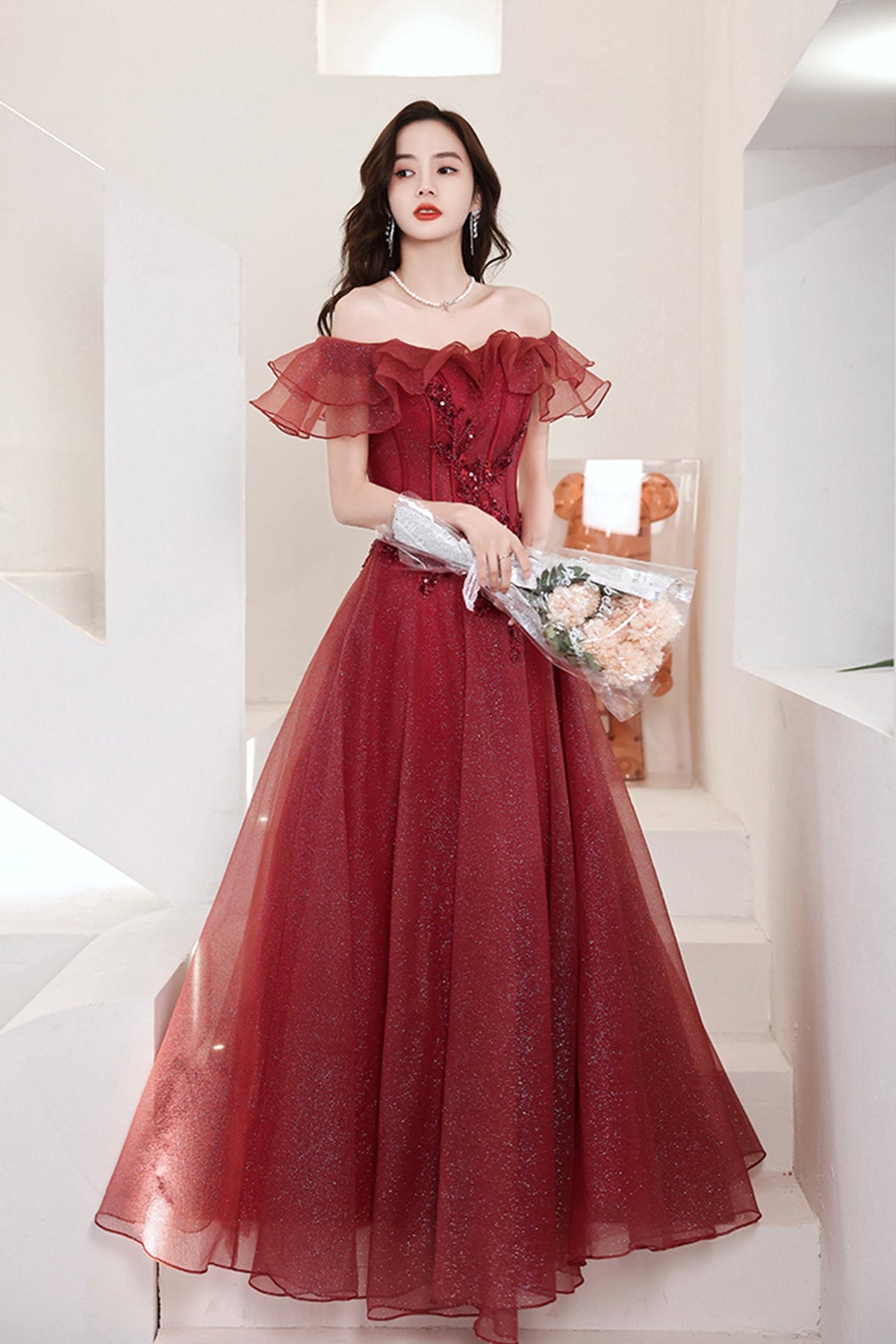 Burgundy Tulle Long A-Line Prom & Evening Dress - FashionDia