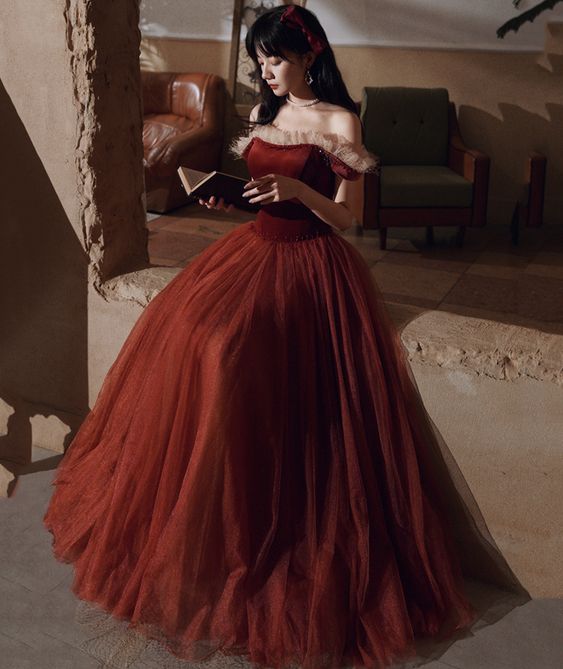 Burgundy velvet tulle long Prom & Evening Dress - FashionDia