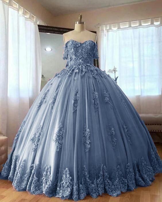Dusty Blue Lace Quinceanera Dresses Ball Gowns Sweet 16 Dress - FashionDia