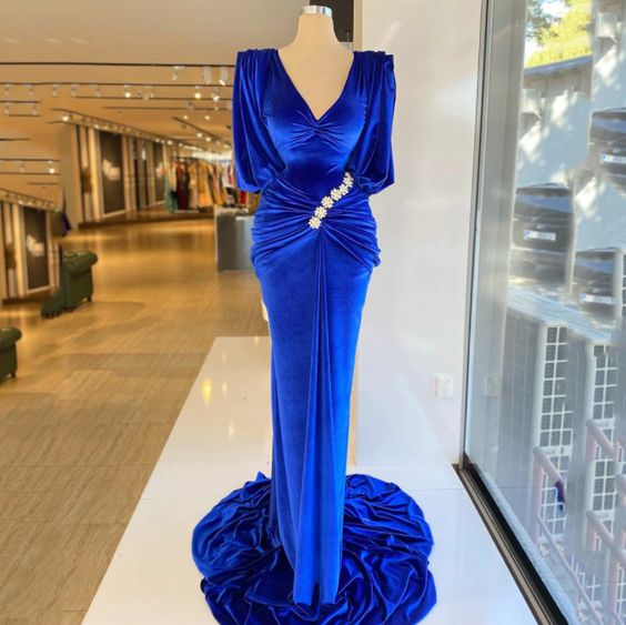 Royal Blue Velvet Mermaid Prom Dress Long Puffy Sleeves V-Neck Evening Dress Pleats Beading Evening Gowns - FashionDia