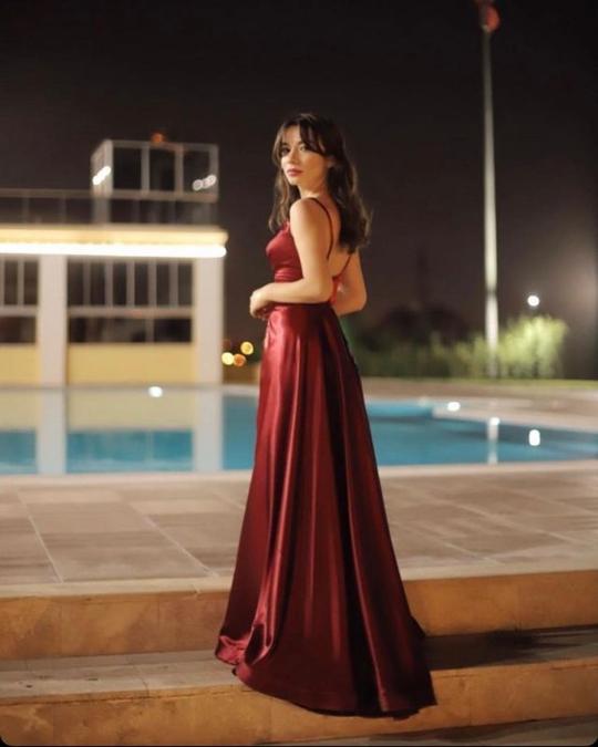 Sexy V-neck Burgundy Charmeuse Slit Backless Prom Dresses C541