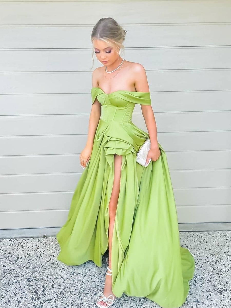Simple green Off-the-Shoulder satin long prom dress, green evening dress - FashionDia