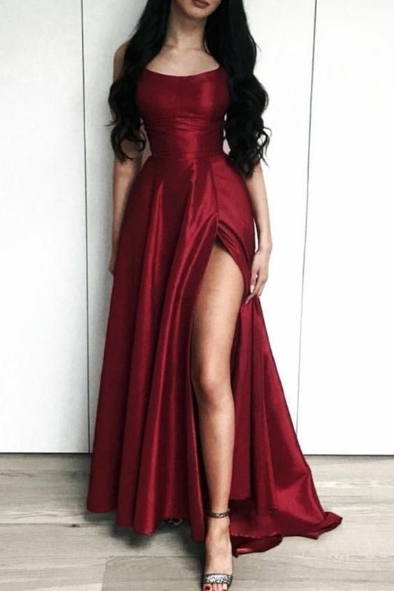 Charming Burgundy Side Slit Long Evening Dress, Sexy Prom Dresses - FashionDia