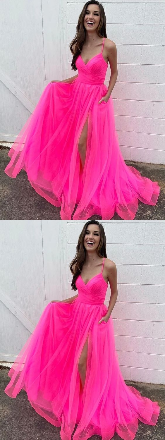Stylish A-Line V-Neck Hot Pink Long Prom Dresses with High Slit, V-Neck Hot Pink Formal Dresses, Hot Pink Evening Dresses - FashionDia