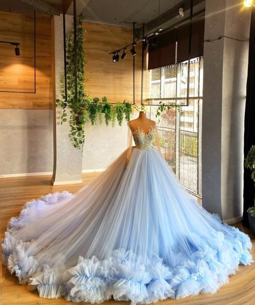 Long Sleeves Light Blue Ball Gown Sweet 16 Dress - FashionDia