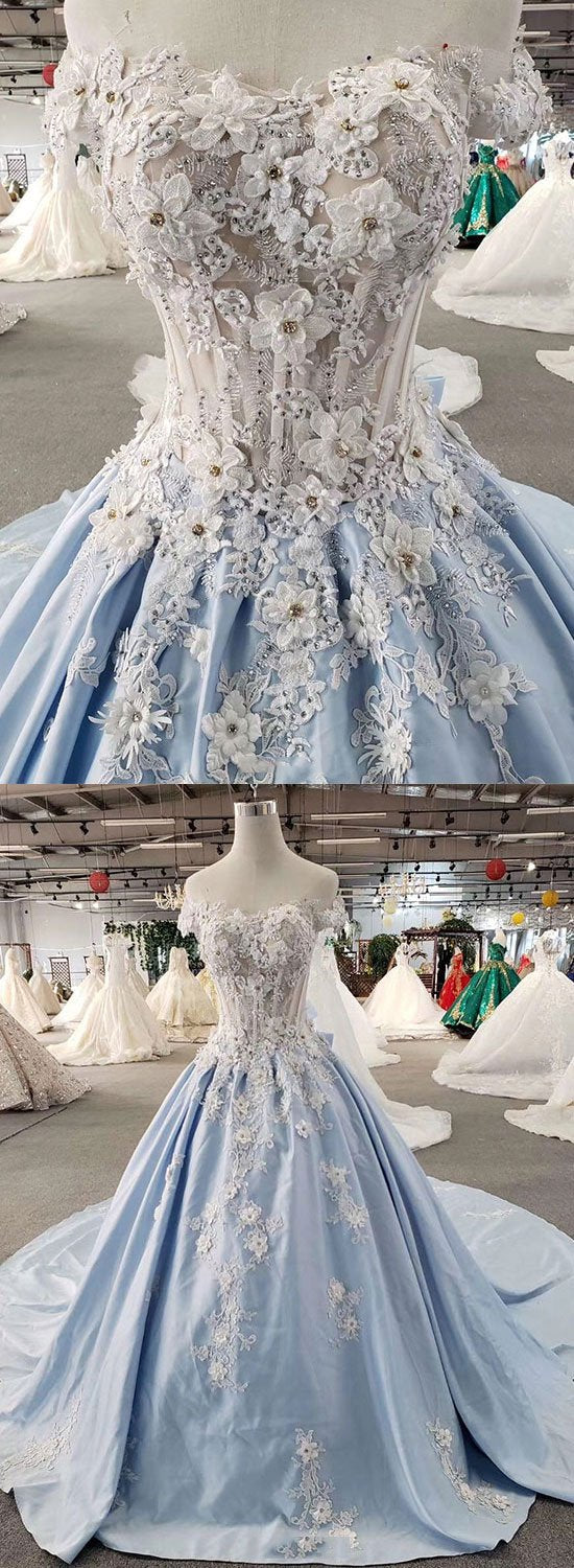 Blue lace appliqu? long prom dress, evening dress - FashionDia