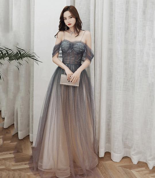 CUTE TULLE SEQUINS LONG PROM DRESS EVENING GOWN - FashionDia