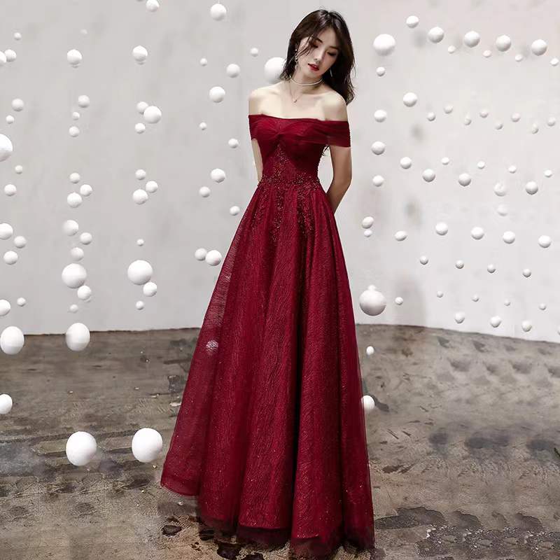 Burgundy tulle sequins long Prom & Evening Dress - FashionDia