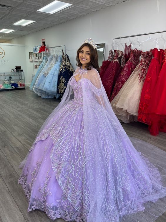 Lavender Off The Shoulder Ball Gown With Cape Sweet 16 Dress Lavender Quinceanera Dress - VelvetHem