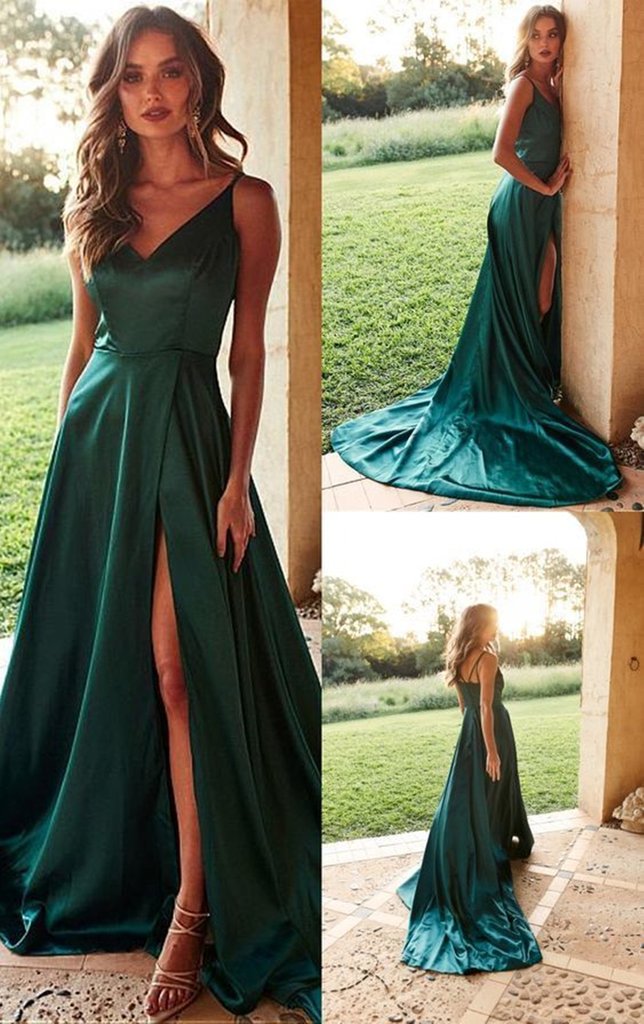 A-Line V-Neck Green Prom Dress with Train, High Slit Green Formal Evening Dresses - View 2 | FashionDia