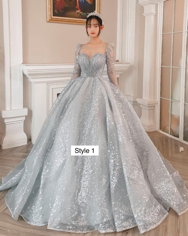 Modern sparkly grey/silver long or cap sleeves ball gown wedding/prom dress with glitter tulle - FashionDia