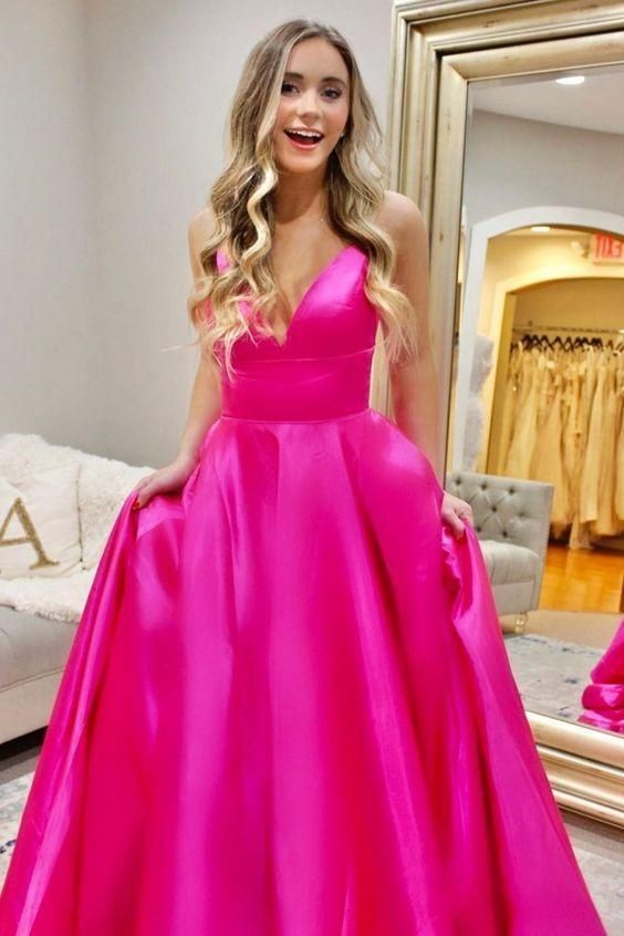 A-Line Hot Pink Prom Dress V-Neck Evening Dress - FashionDia