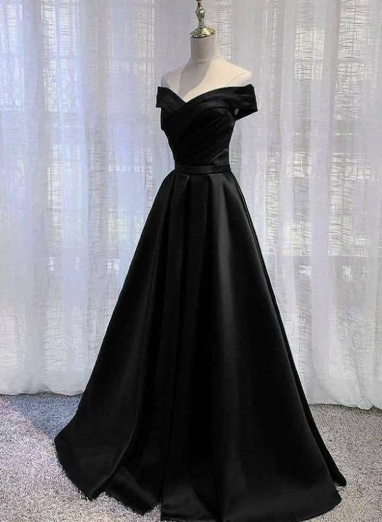 Pretty Off-the-Shoulder Black Satin A-Line Party Dress Formal Dress, Long Black Prom Dress - FashionDia