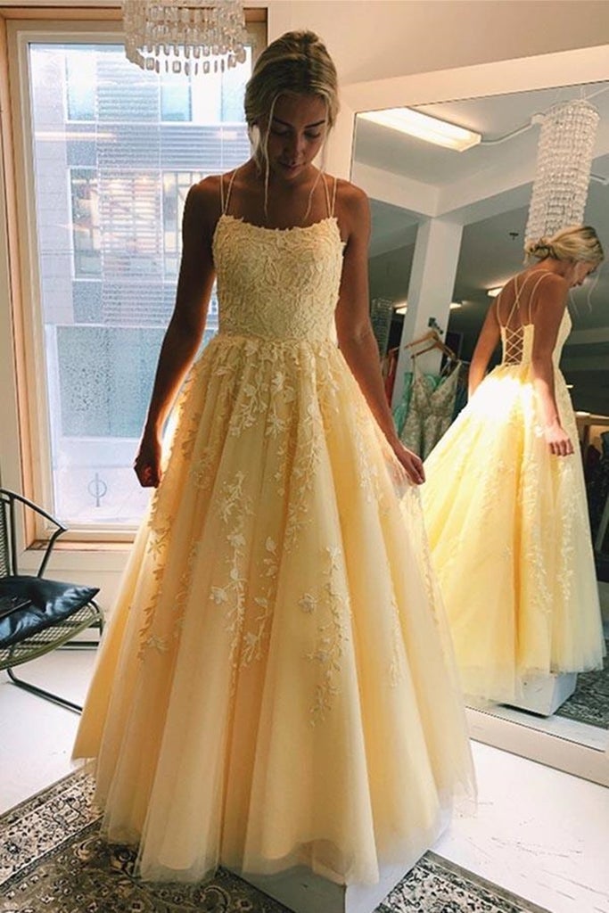 A-Line Floor-Length Lace Yellow Tulle Long Prom Dress, Yellow Lace Formal Dress, Yellow Evening Dress - FashionDia