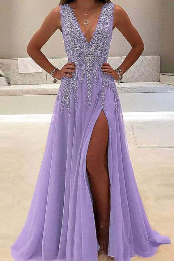 A-Line Tulle V-Neck Purple Prom Dresses Long Backless Evening Dresses - FashionDia