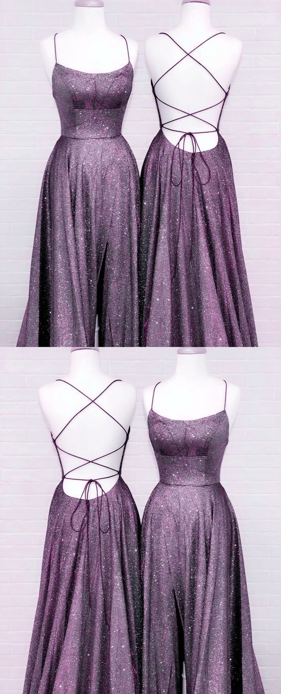 Purple Glitter Prom Dresses Side Split Lace Up Back - FashionDia