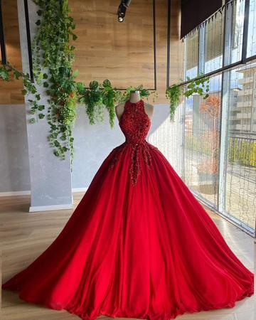 Red A line prom dress ball gown evening dress