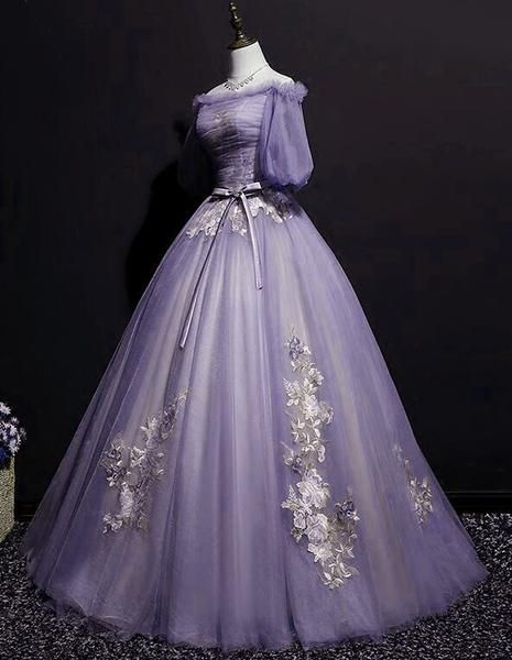 Charming Purple Short Sleeves Tulle Puffy Long Formal Dress Lovely Evening Dress Party Dress S26513 - VelvetHem