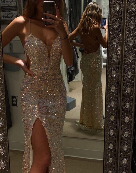 A-Line V-Neck Prom Dress With Split Mermaid Prom Dress - FashionDia