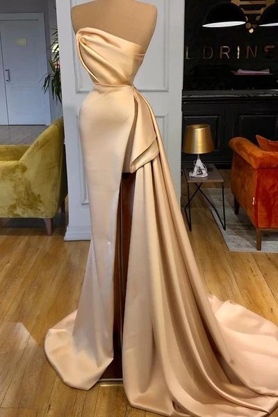 Long Champagne Prom Dress Side Split Evening Party Gowns - FashionDia