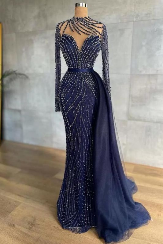 Stylish High Neck Navy Mermaid Evening Dress with Detachable Tulle Train Crystals Beads Long Prom Dress - FashionDia