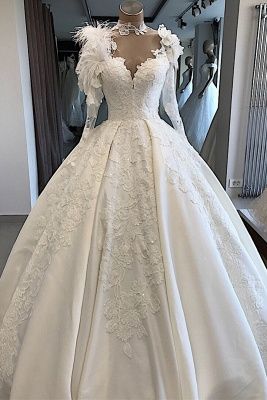 Long-Sleeves Brilliant High-Neck Appliques Flowers Feather Wedding Dresses , Ball Gown