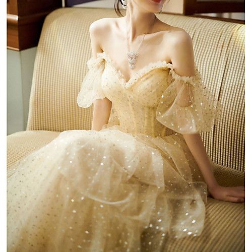 A-Line Sparkle Vintage Engagement Formal Evening Dress Sweetheart Neckline Short Sleeve Floor-Length Tulle with Sequin - FashionDia