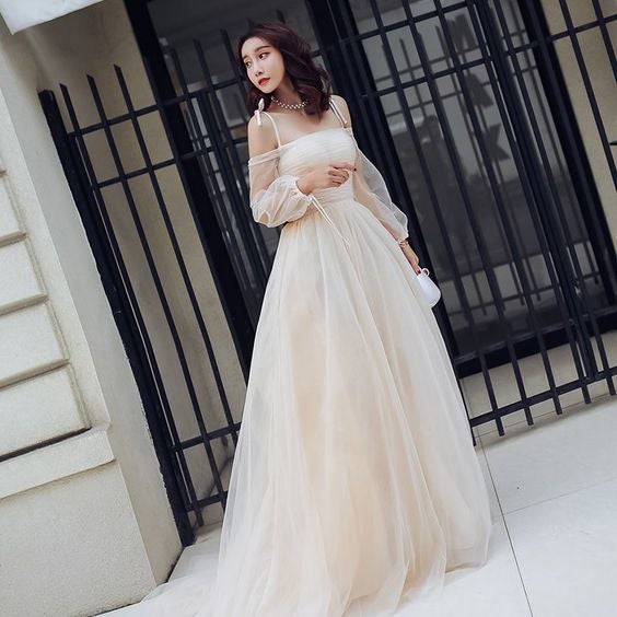 Champagne Summer Prom Dresses Empire Spaghetti Straps Off-The-Shoulder Long Sleeve - FashionDia