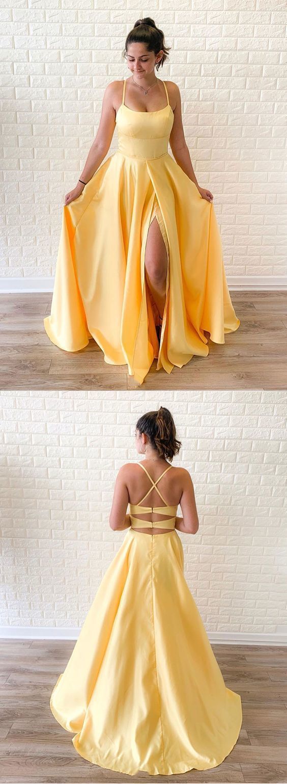 Simple Yellow Satin Long Prom Dress, Yellow Evening Dress - FashionDia