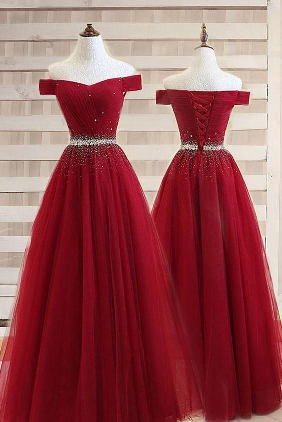 Burgundy A-Line Off-the-Shoulder Sweetheart Prom Dresses, Beads Evening Dresses - FashionDia