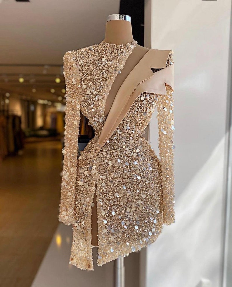 Heavy Beaded Champagne Short Prom Dresses Long Sleeve Women Dubai Evening Cocktail Party Gowns Homecoming Dress