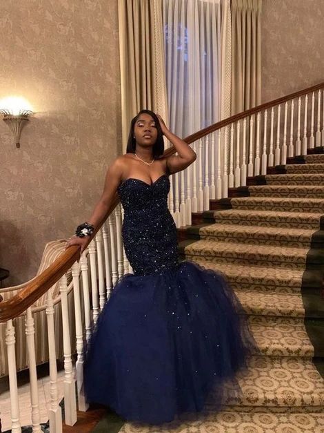 Sweetheart Navy Blue Mermaid Prom Dress With Beading - FashionDia