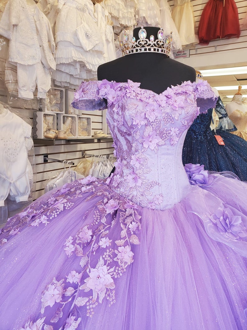 Off-The-Shoulder Lavender Tulle Quinceanera Dresses Flowers Ball Gown Sweet 15 - View 2 | FashionDia