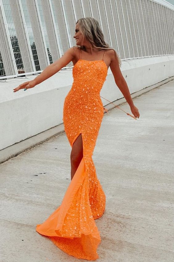 sparkle mermaid orange sequins long prom dress with slit - FashionDia