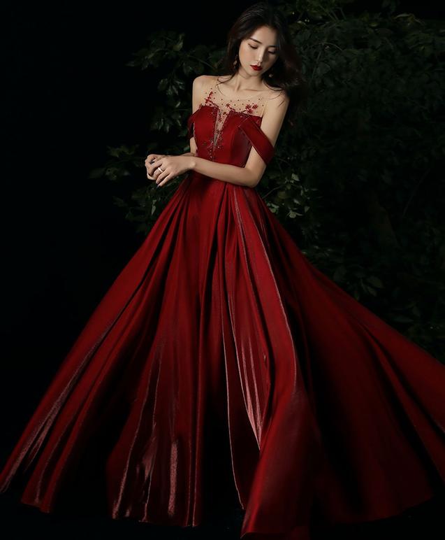Burgundy round neck beads long prom dress burgundy evening dress - FashionDia