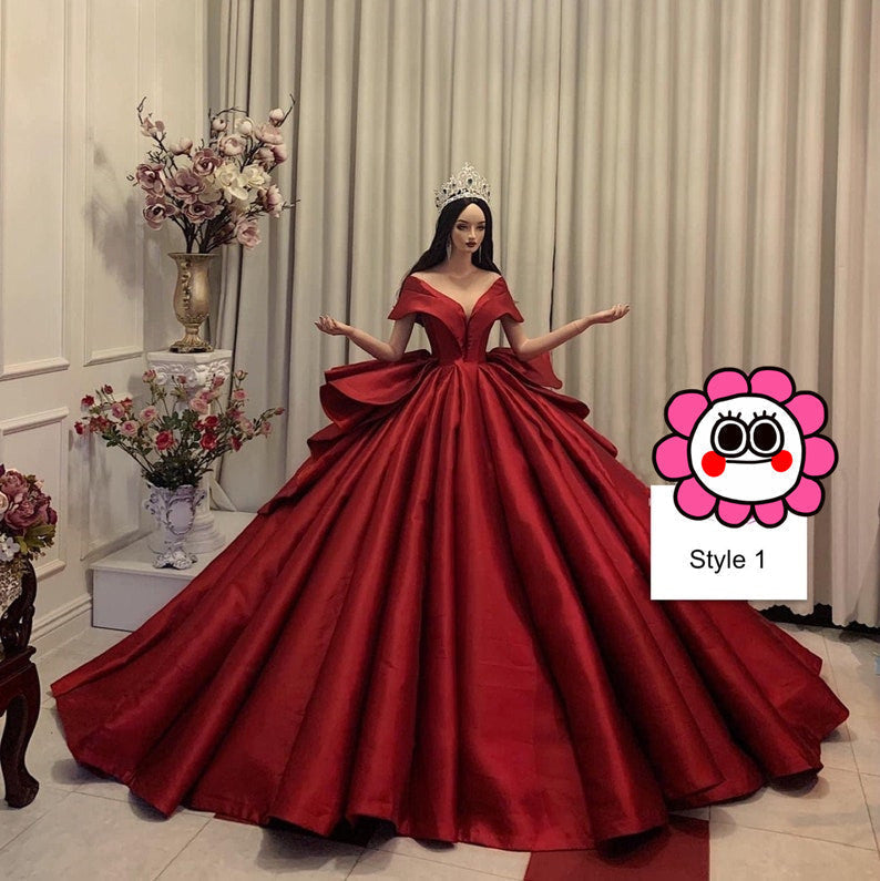 Charming red or white princess V neck satin ball gown wedding dress - various styles